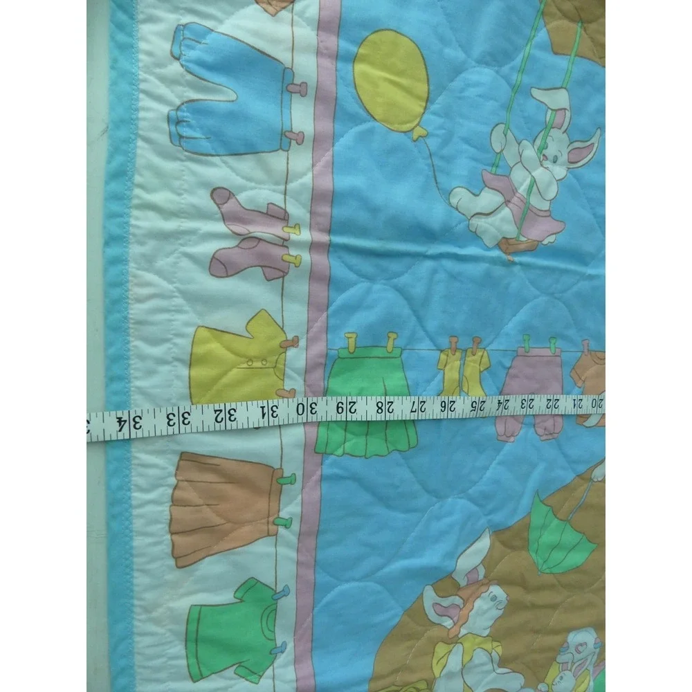Vtg Nursery Rhyme Childs Quilt Old Woman in Shoe Rabbits Blanket Clothesline
